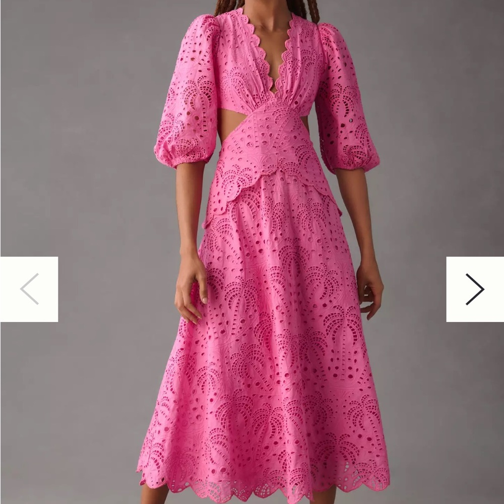 Farm Rio Pink Scalloped Palm Eyelet Cutout Midi Dress size M